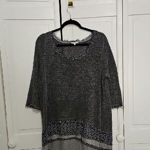 Easel Gray Knit Top with Floral Trim
